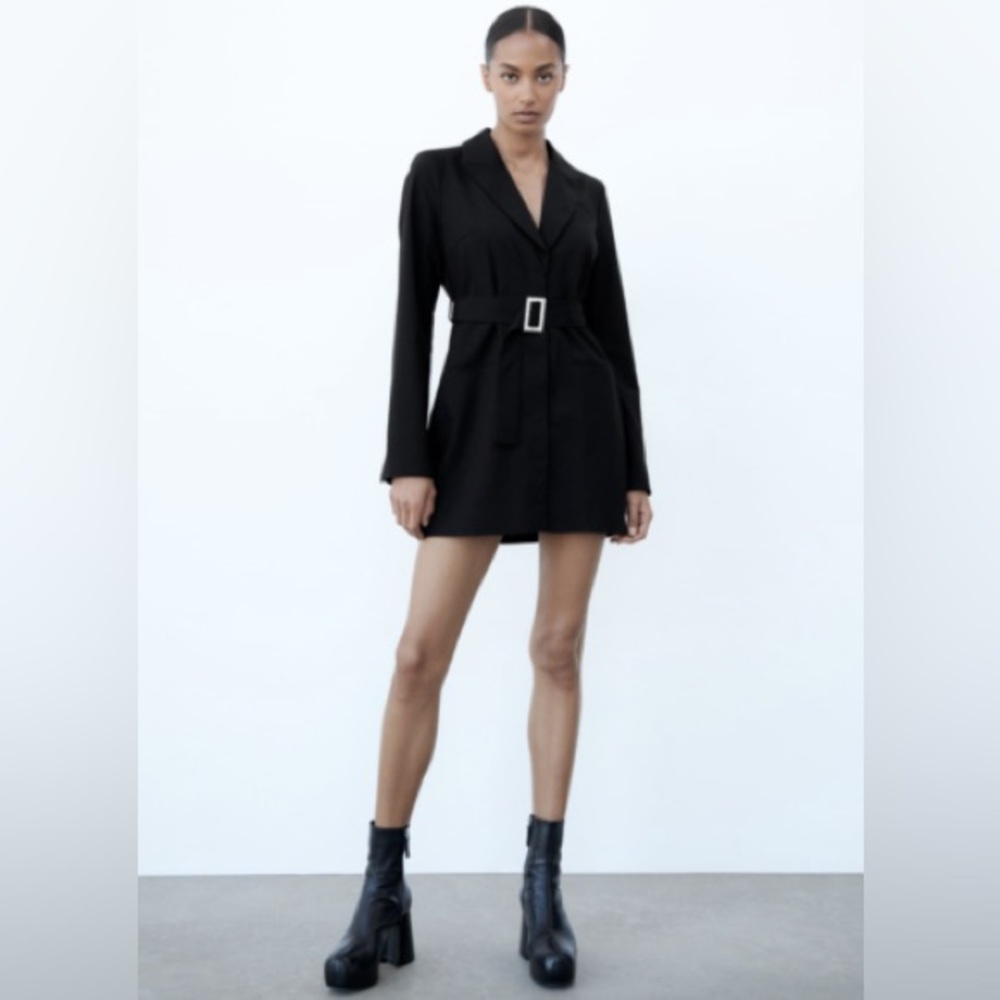 New Zara Belted Blazer Black Dress 8342/340 Small Medium Bloggers Fav - Picture 2 of 11